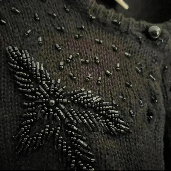 Black Beaded Knit Cardigan Floral Embellished Long Sleeve Button Up Star Sweater - Picture 6 of 10
